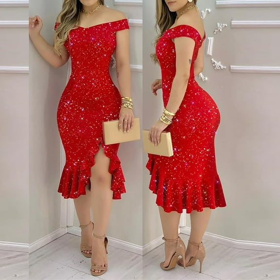 LoyisViDion Womens Plus Size Dresses Clearance Women Fashion Solid Dress Plain Cold Shoulder Ruffle Loose Hem Slit Dress Red L