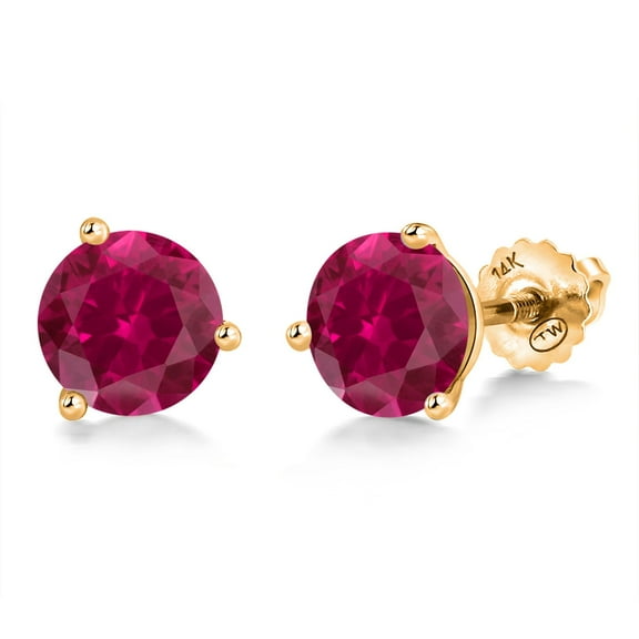 Gem Stone King 14K Yellow Gold Red Created Ruby 3 Prong Martini Screw Back Stud Earrings for Women Men (2.00 Cttw, Gemstone July Birthstone, Round 6MM)