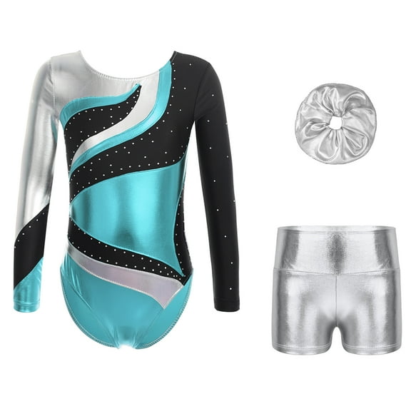 iiniim Kids Girls Metallic Sparkly Rhinestone Long Sleeve Gymnastics Leotard Dance Unitard with Blue&Silver 16