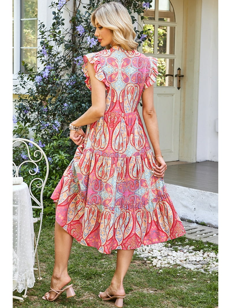 knee length dresses for ladies Women's Tribal Print Rayon Midi Flared Dress – Trendphoria