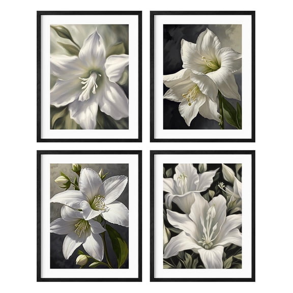White Magnolia Wall Art Set of 4 Framed Lotus Artworks Floral Botanical Painting Abstract Flower Artwork Wall Decor for Bedroom Living Room Bathroom Office