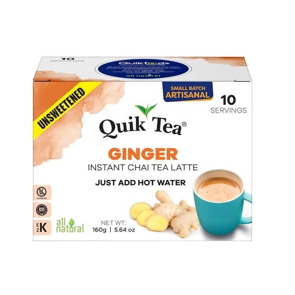 QuikTea Instant Ginger Chai Tea Latte Unsweetened, 10 Single-Serve Sachets, Artisanal Indian Chai Latte Mix, Just Add Hot Water, Low Caffeine, Non-GMO, Gluten Free