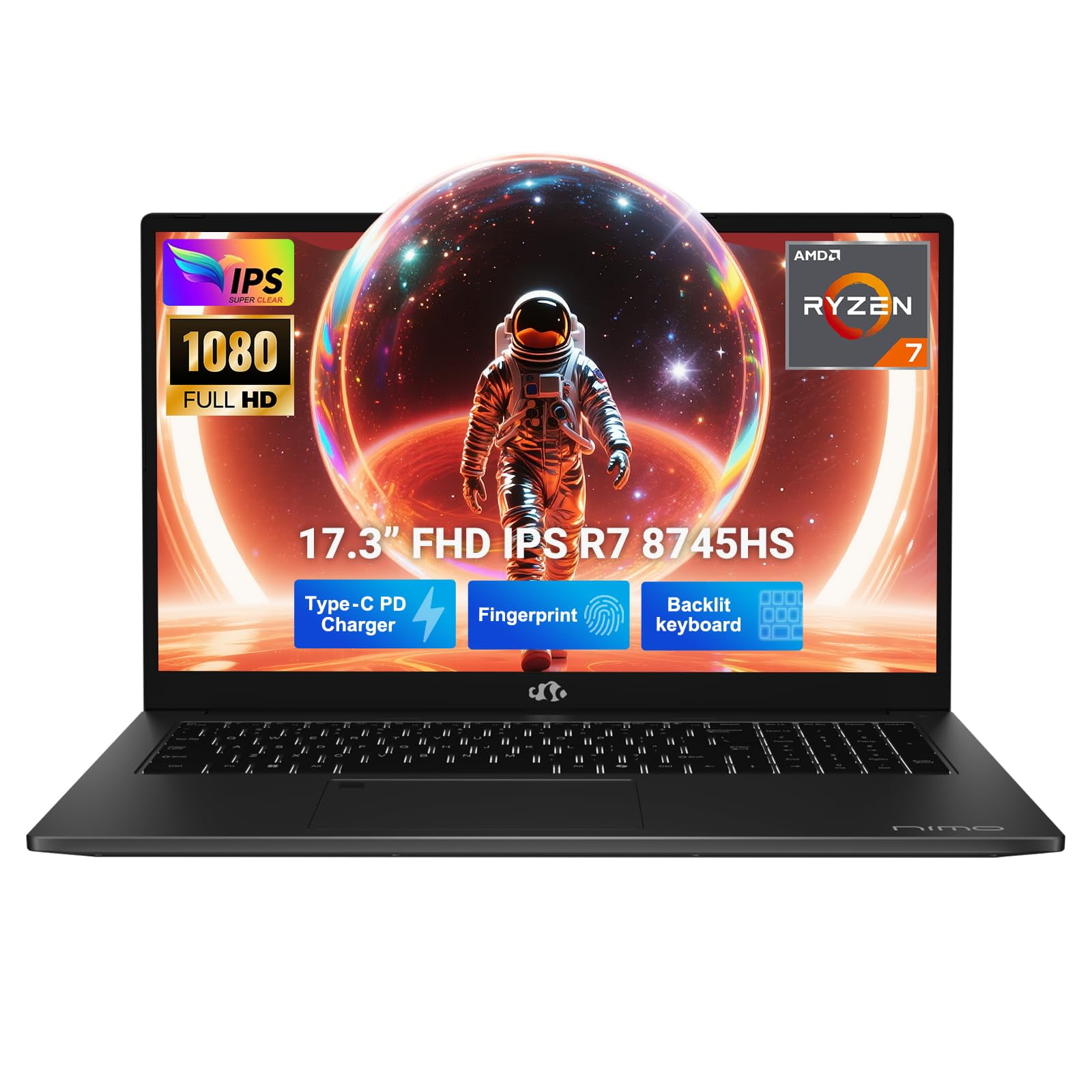 NIMO 17.3" Gaming-Laptop, 8 Cores AMD Ryzen 7 8745HS 16GB DDR5 RAM 512GB SSD (Beat R9 6900HX, up to 4.9GHz) Radeon 780M GPU IPS FHD 100W Type-C Fingerprint, Backlit Keyboard