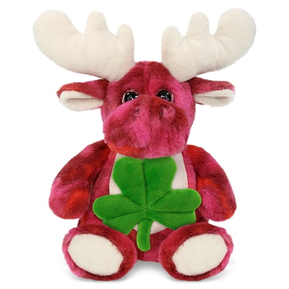 DolliBu Pink Tie-Dye Moose Stuffed Animal with Green Plush Shamrock, Cute Green Shamrock Plush, Fun St Patricks Day Stuffed Animal Moose, Good Luck St Patricks Day Toys for Kids, Baby - 9 Inches