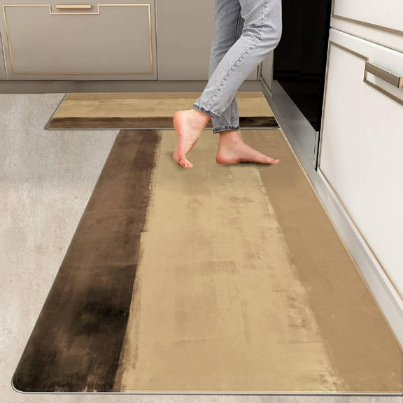 2 Pieces Kitchen Rugs, Abstract Anti Fatigue Non Slip Foam Cushioned Brown Art Painting Modern Comfort Indoor Floor Mat Runner Rug Set for Laundry Office Sink Bathroom (17"x48" 17"x24")
