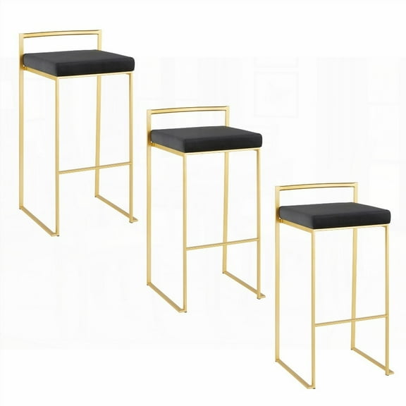 Contemporary 30" Gold Metal Barstools with Black Velvet Cushion - Set of 3