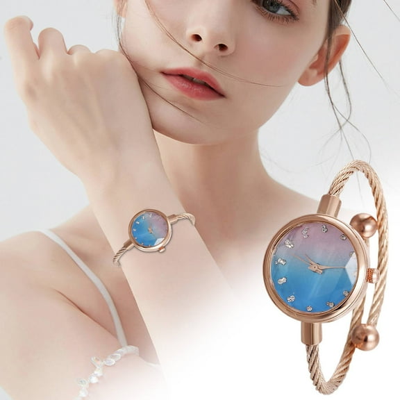 Women Analog Quartz Watch Rose Gold with Blue Face, Fashion Bracelet Style, Household Stones, By Kingtowag