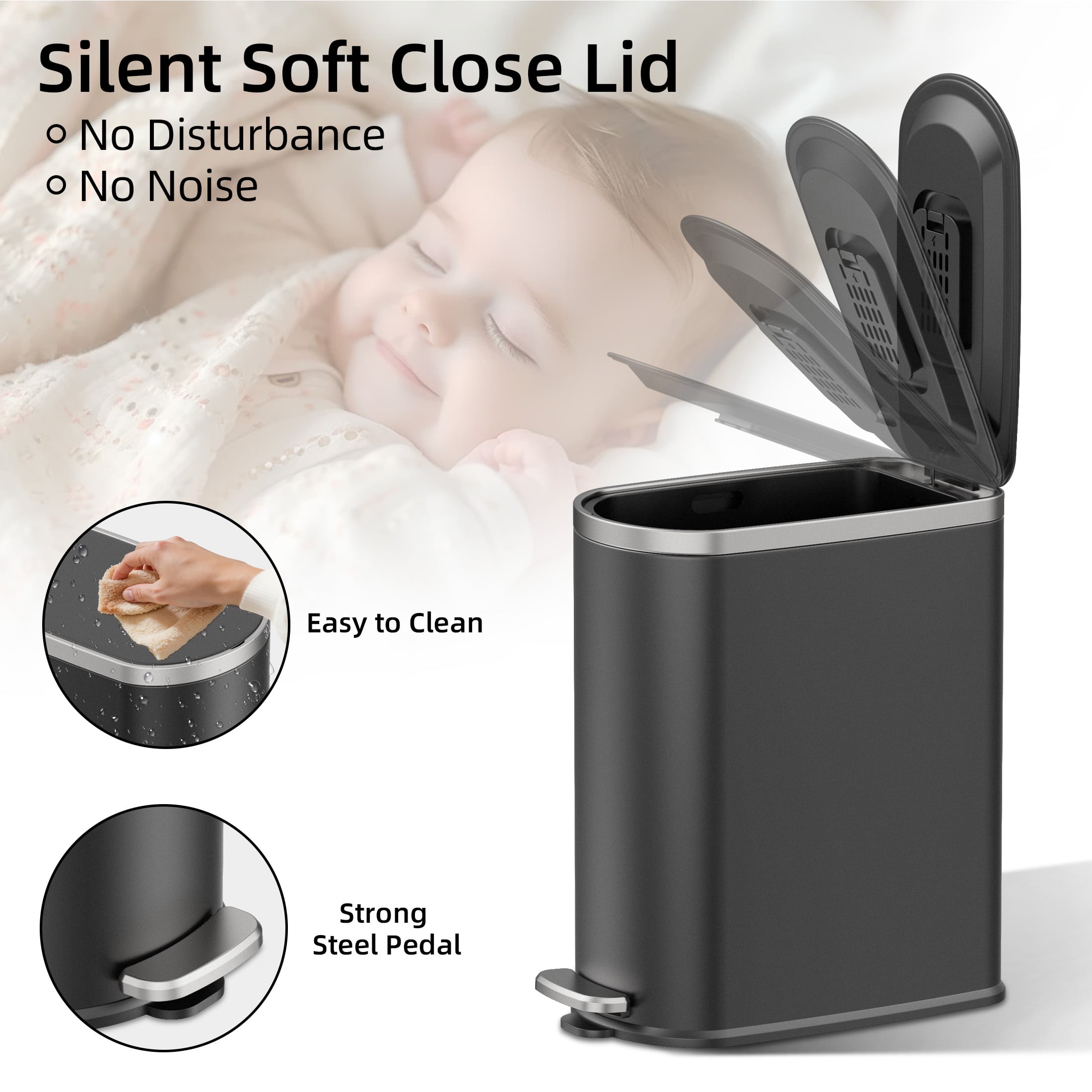 KSSKSS 2.6 Gallon/10L Slim Stainless Steel Bathroom Trash Can with Lid, Soft-Close Small Garbage Bin for Narrow Spaces, Black