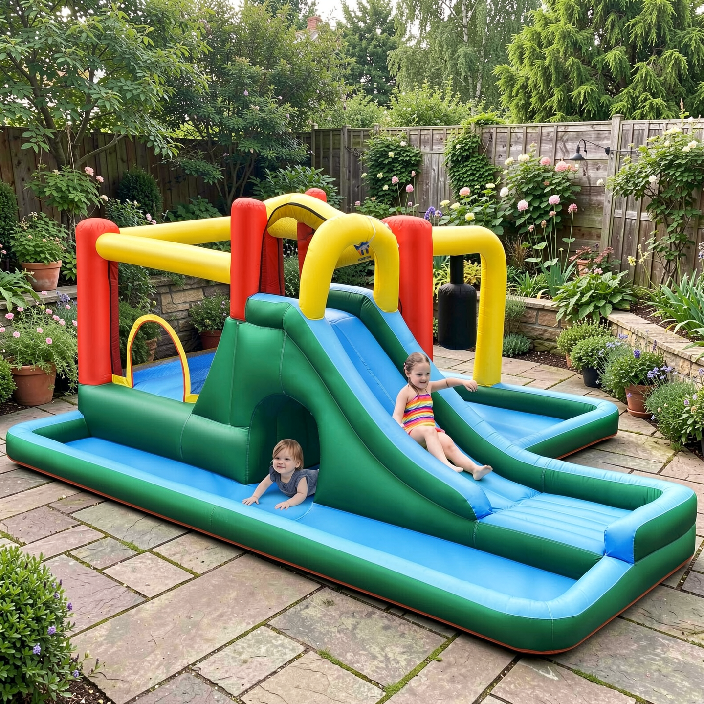 Redsmile Inflatable Water Slide Climbing Bounce House with Tunnel and Pendulum for Kids Aged 3-10 Outdoor Backyard Fun - Blue Yellow Red