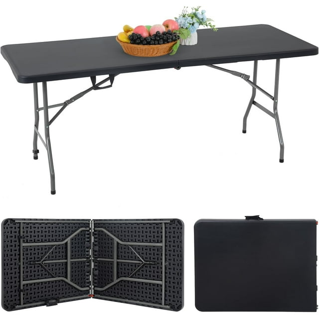 FDW 6' Folding Table – Portable, Heavy-Duty, Fold-in-Half Design for Parties, Events, IndoorOutdoor Use – 70x29", Black