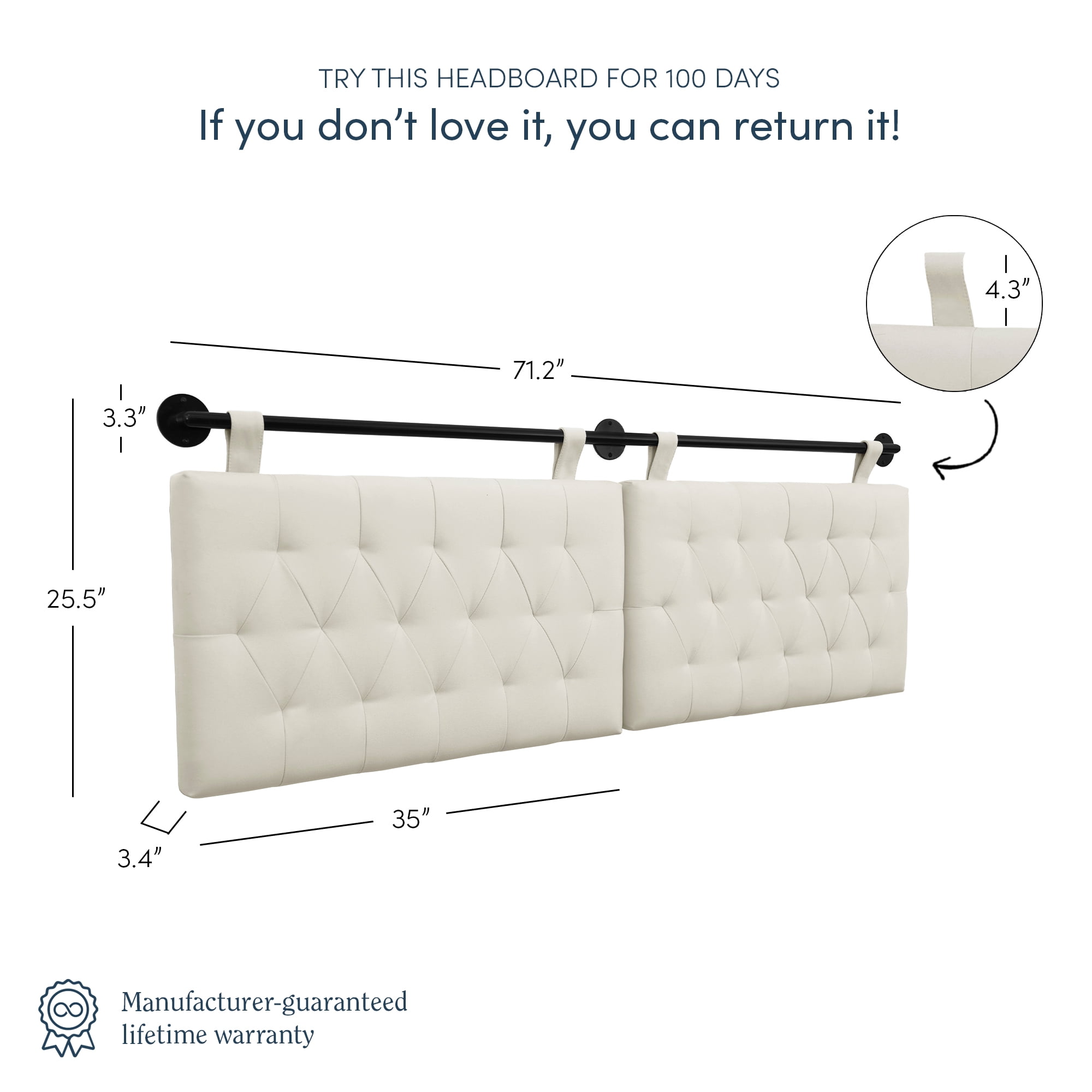 Nathan James Remi King Wall Mount White Button Tufted Headboard with Adjustable Straps and Black Metal Rail