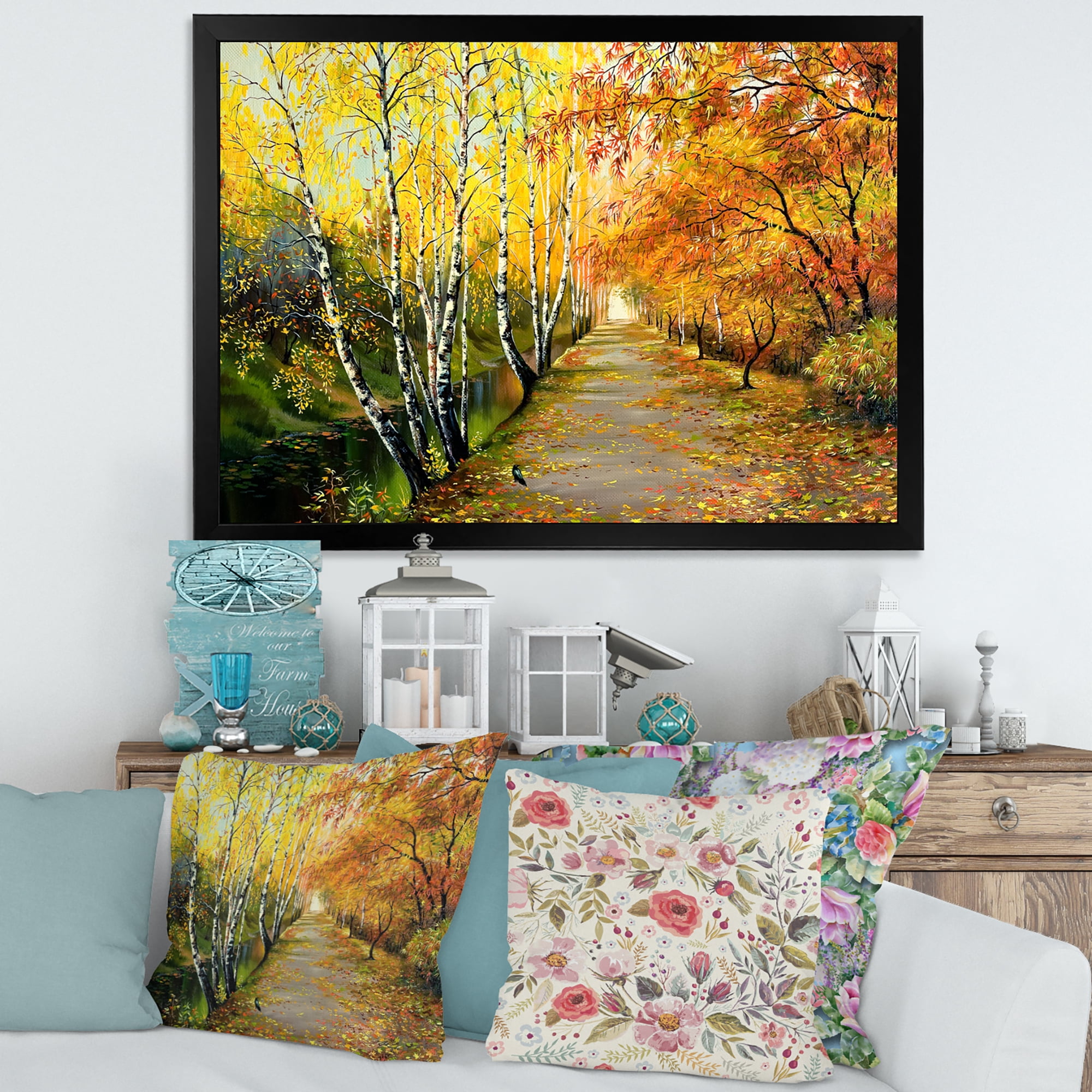 Designart 'Path Through The Autumn Woods Along River' Traditional Framed Art Print