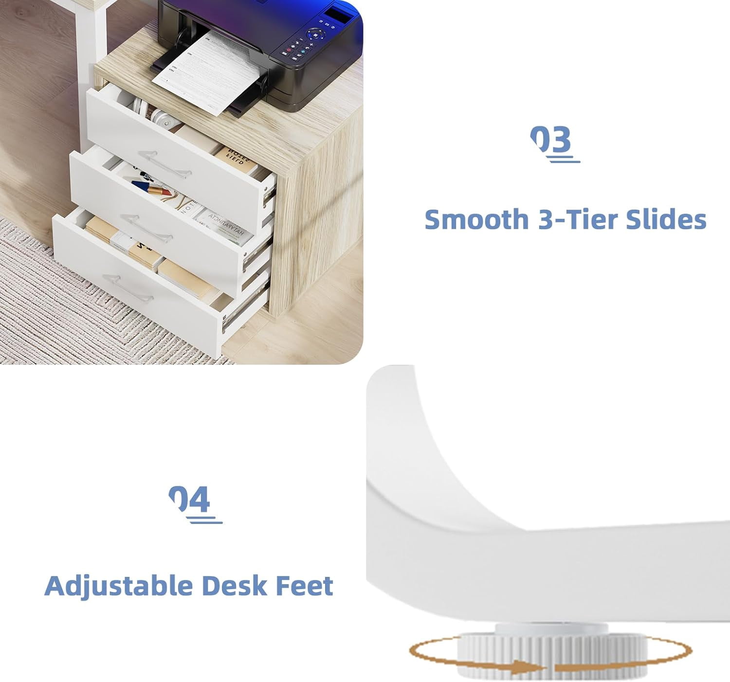 DreamCurship 67 inch Computer Desk with Monitor Stand, Writing Desk with Adjustable LED Light, Reversible Home Office Desk with 3 Storage Drawers, White and Walnut