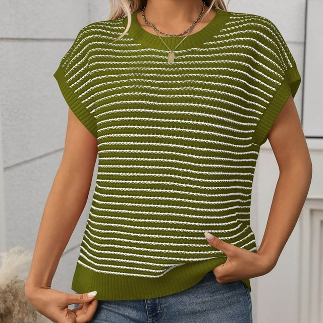 Karight Chandail en Tricot à Manches Courtes pour Femme, Haut Tendance à Col Rond, Gilet à Rayures, Chandail 2026 Été Printemps, Chemise Blouses