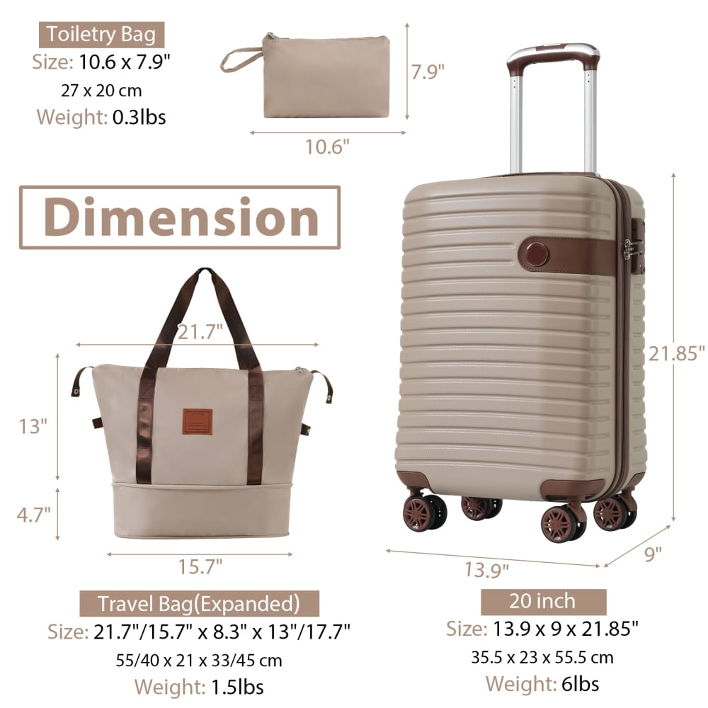 Tcbosik 3 Piece Hardside Luggage Set, 20" ABS Carry on Suitcase with TSA Lock and Spinner Wheels, Travel Bag and Toiletry Bag, Khaki