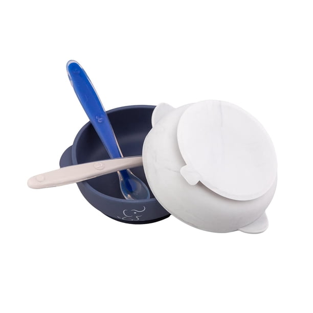 Set de Tazones y Cucharas PAPU BABY Blanco Mármol Azul Marino de Silicón Grado Alimenticio con Succi