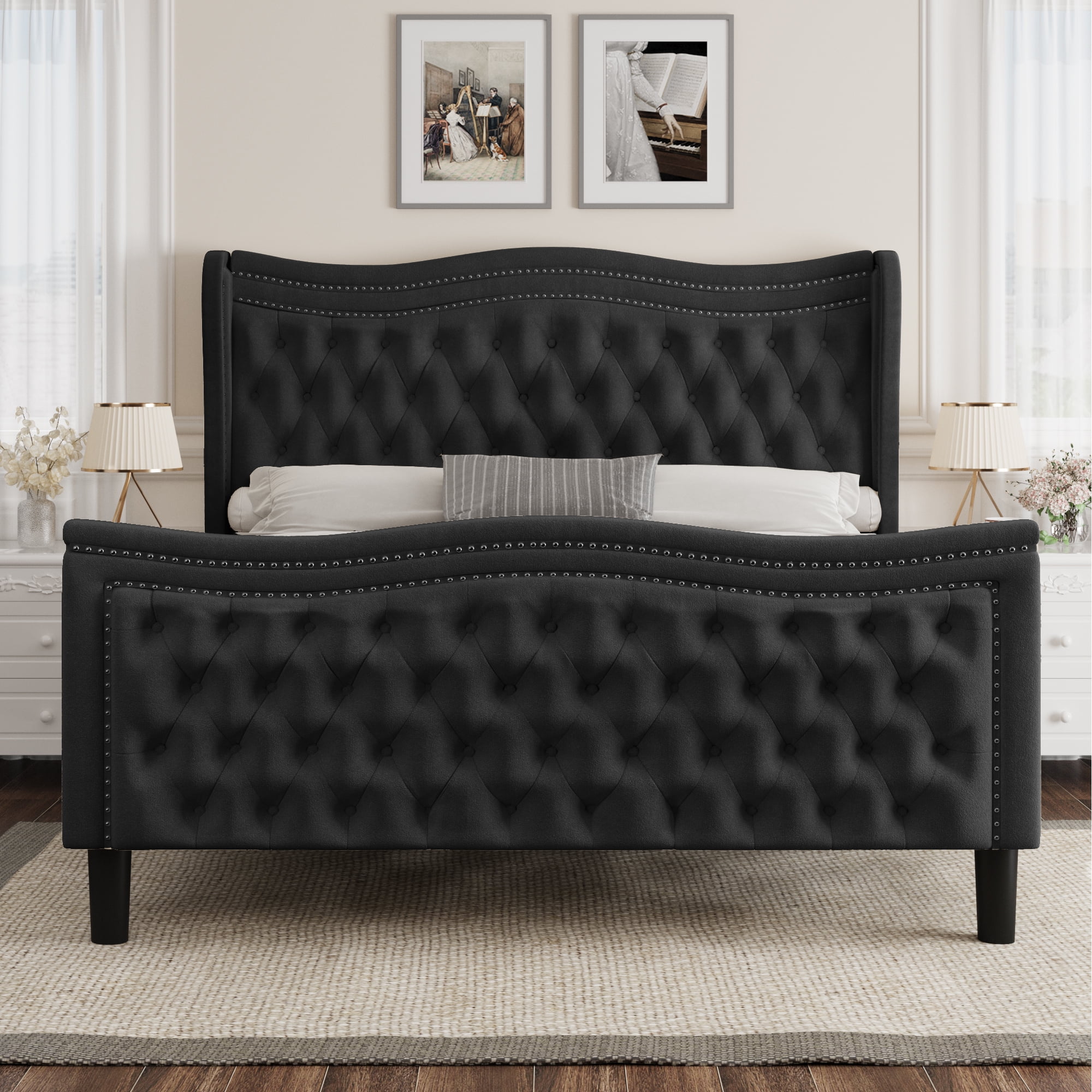 Miniyam Velvet Queen Size Bed with Button-Tufted Wingback Headboard for Adult, Black
