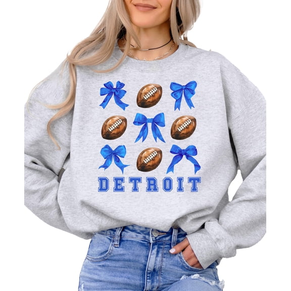 Detroit Football Sweatshirt for Women Teens and Kids Footballs and Blue Coquette Bows Pullover Gray Sweatshirt Adult Medium