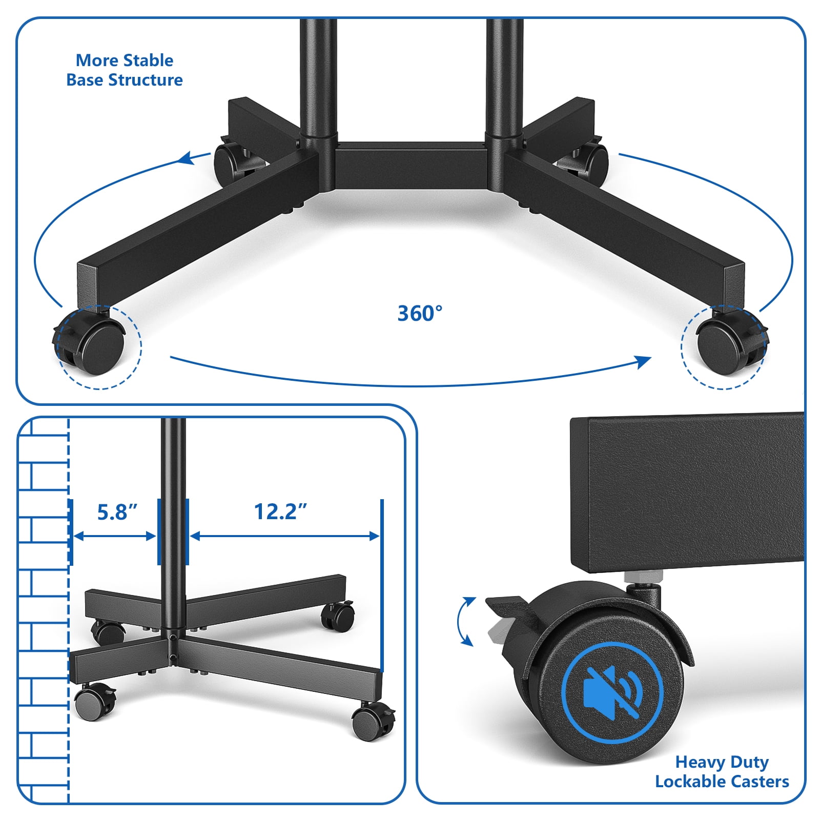 RTVR Rolling TV Cart Stand for 32 to 70 inch Flat Curved Screens, Portable Mobile TV Stand on Wheels, Metal Black