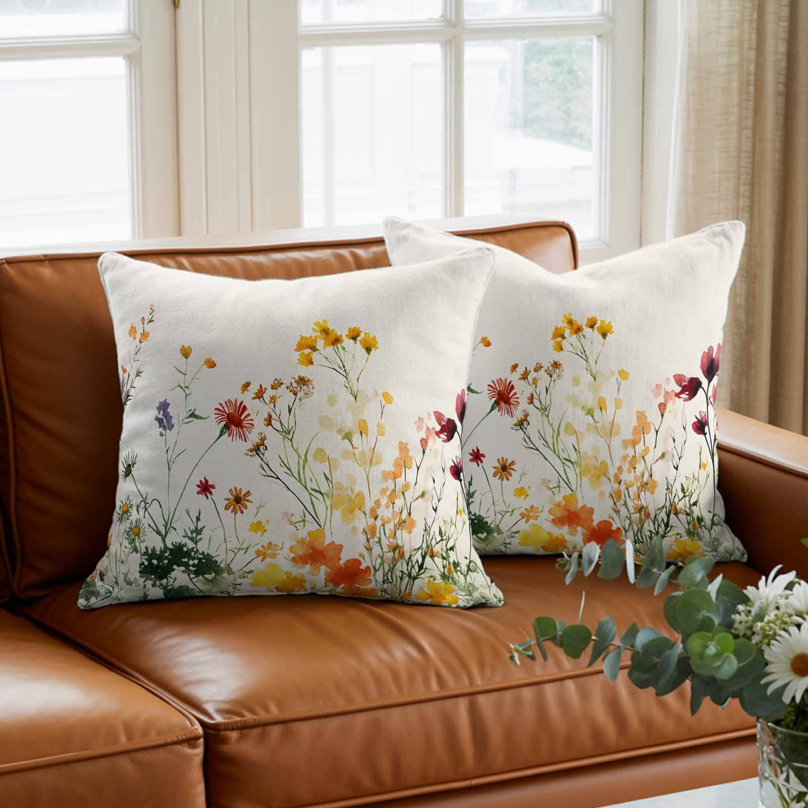 Pillow Covers 26x26 Inch, Beige Floral Spring Linen Pillowcase with Invisible Zipper, Vintage Farmhouse Flowers Decorative Throw Pillow Covers Cushion Case for Couch Sofa Bed Living Room