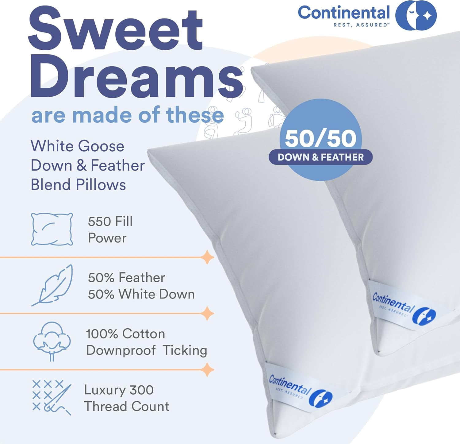 Goose Down Feather Pillow for Side Sleepers 50/50 Blend, Set of 2, Super Standard Size