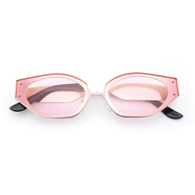 Womens Tapered Thick Temple Subtle Cat Eye Inset Lens Metal Rim Sunglasses Gold - Pink