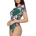 thumbnail image 2 of Haiem Tropical Leaves Women's Crew Neck Short Sleeve Bodysuit Tops Stretchy Slim Basic-Medium, 2 of 9