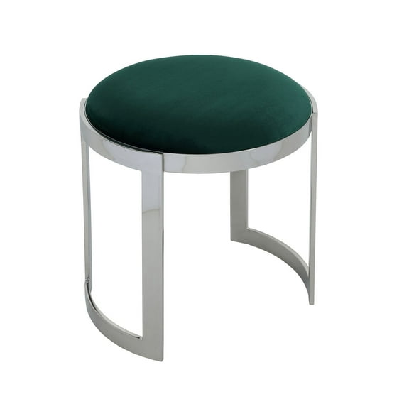 Benjara Niyo 19" Accent Stool Ottoman- Round Seat- Soft Green Velvet- Silver