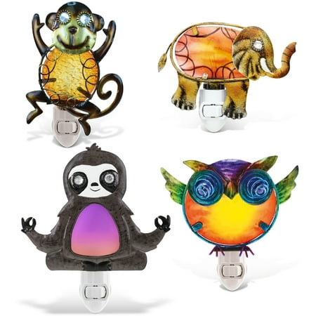 UPC: 0707466774369 | CoTa Global Wildlife Nightlights – Owl Elephant Monkey Sloth Home Decor Wall Plug In Night Lights With Switch Decorative Metal Glass Nightlights for Bathroom Nursery Bedroom – 4 Pieces Set