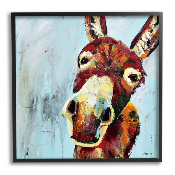 Donkey Face Blue Background Animals & Insects Painting Black Framed Art Print Wall Art