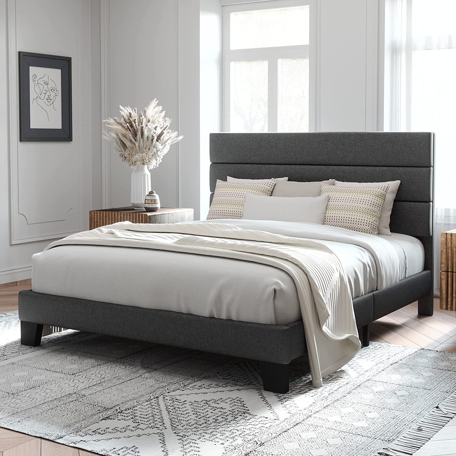 Allewie Queen Size Platform Bed Frame with Fabric Upholstered Headboard, No Box Spring Needed, Dark (图3)