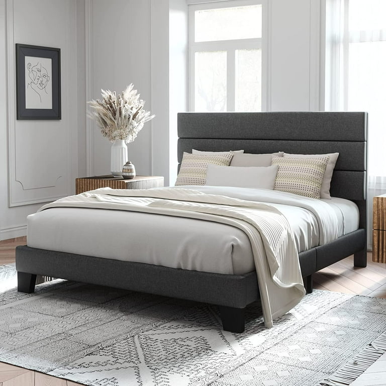 Allewie King Size Platform Bed Frame with Fabric Upholstered Headboard No Box Spring Needed Dark Grey