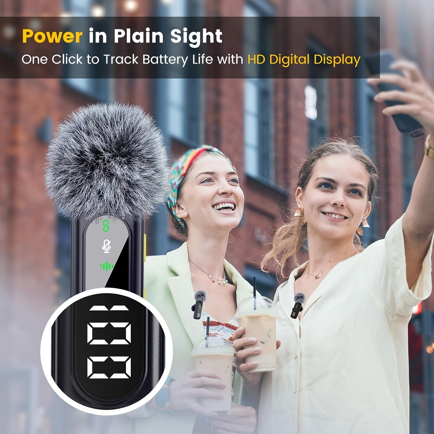 Wireless Lavalier Mic with DSP Noise Reduction, USB-C, Digital Battery Display, 100ft Range, 360° Omnidirectional, Magnetic Clip for Streaming Podcast Vlog