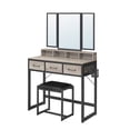 thumbnail image 1 of Table de Maquillage avec Tabouret Rembourré, avec Miroir Triple, 3 Tiroirs, Porte-sèche-Cheveux, Pot, Style Industriel, Marron et Noir, 1 of 6