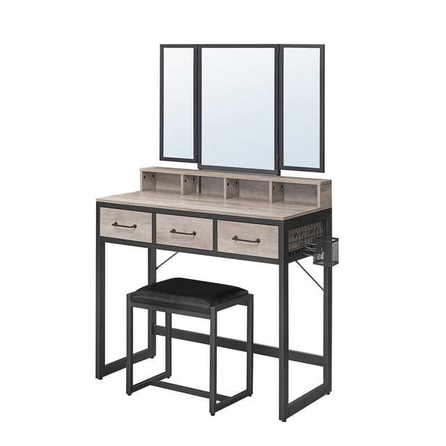 Table de Maquillage avec Tabouret Rembourré, avec Miroir Triple, 3 Tiroirs, Porte-sèche-Cheveux, Pot, Style Industriel, Marron et Noir