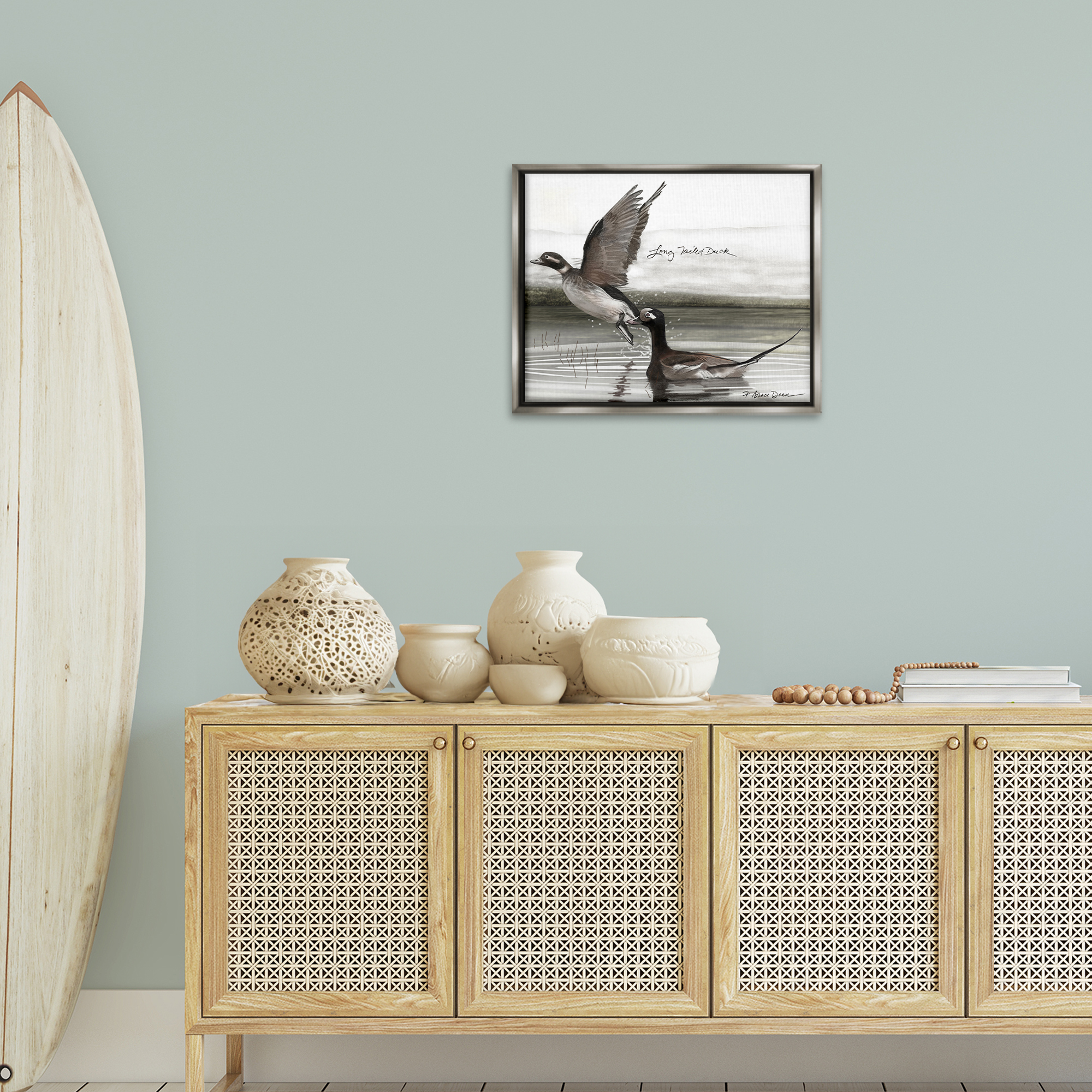 Stupell Industries Long Tailed Duck Animals & Insects Painting Gray Floater Framed Canvas Art Print Wall Art, 21 x 17