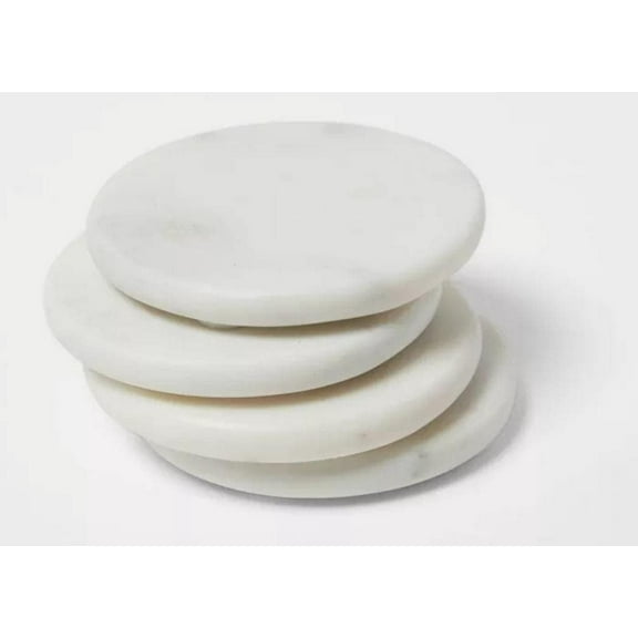White Marble Round Coasters – Handmade Stone Coaster Set for Kitchen, Living Room, Bar, Coffee Table (Set of 4)