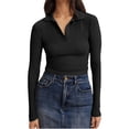 thumbnail image 4 of Long Sleeve Solid Color Women V-neck Slim Fit Polo Shirt, 4 of 5