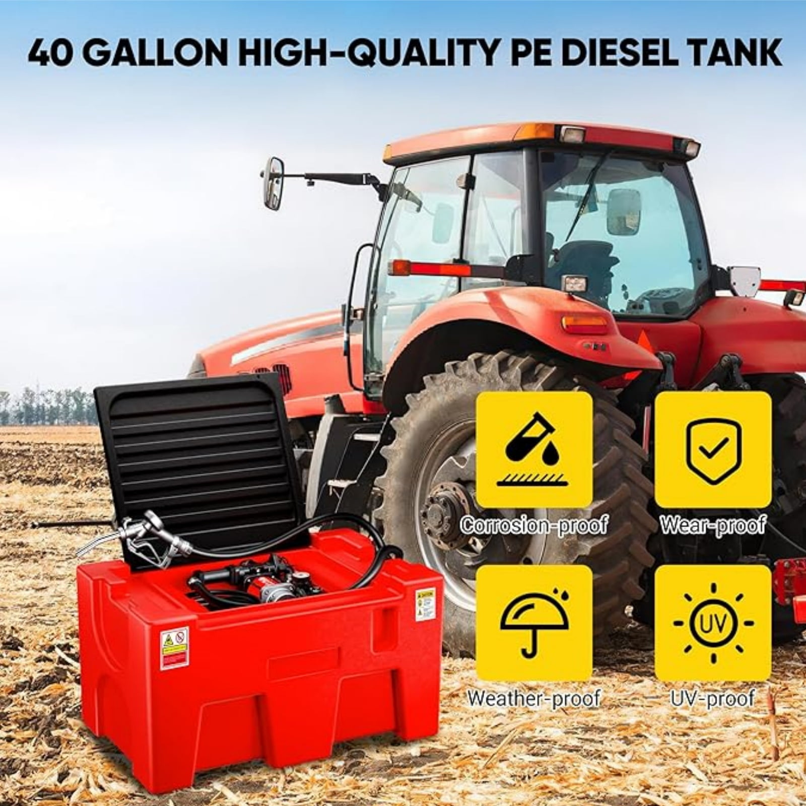 Gewna 40 Gallon Fuel Transfer Tank,Gasoline & Diesel Portable Tank with 12V Electric Pump, 3.7 GPM Fast Flow, 13.1 ft Power Cord, Red