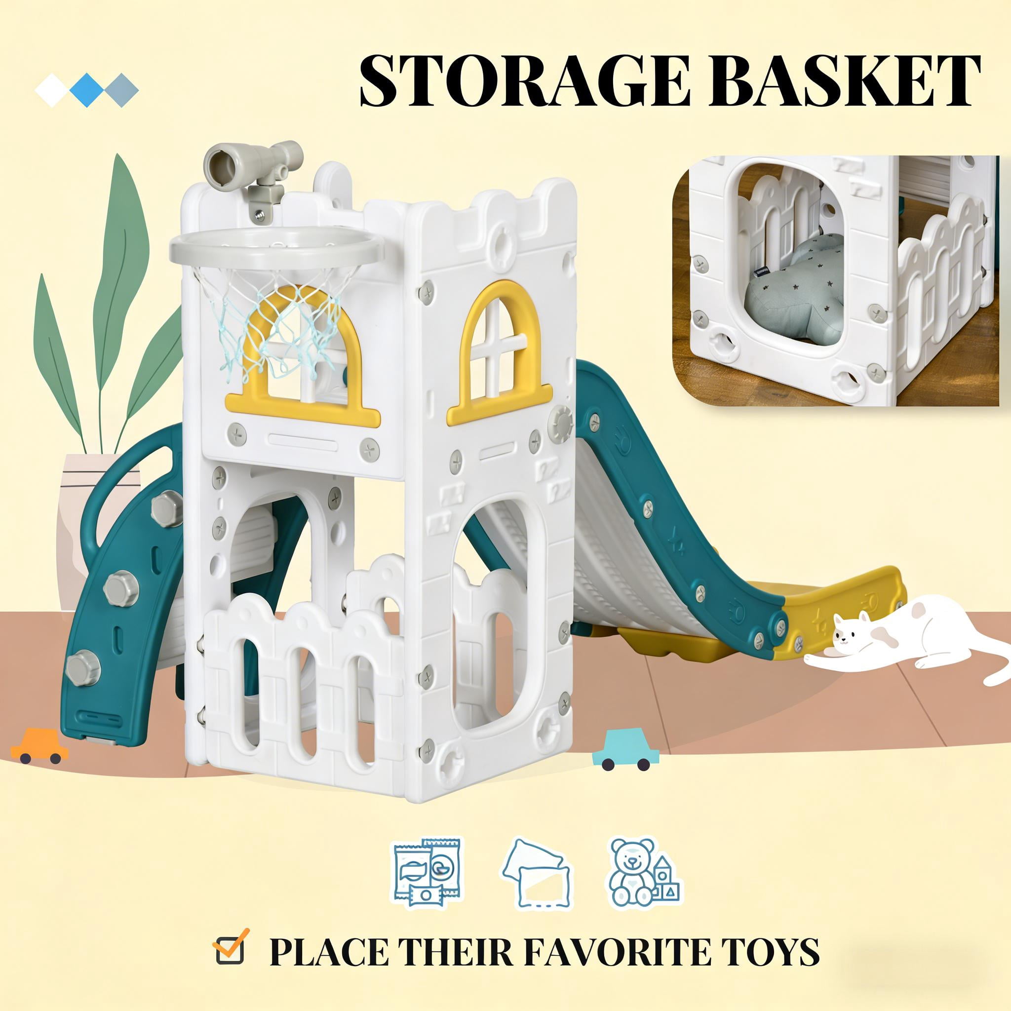 5-in-1 Toddler Slide with Basketball Hoop, Kids Play Climber with Telescope & Storage Basket, Non-Slip Steps, HDPE Play Equipment for 1-3 Years Old, Max Load 66 lbs