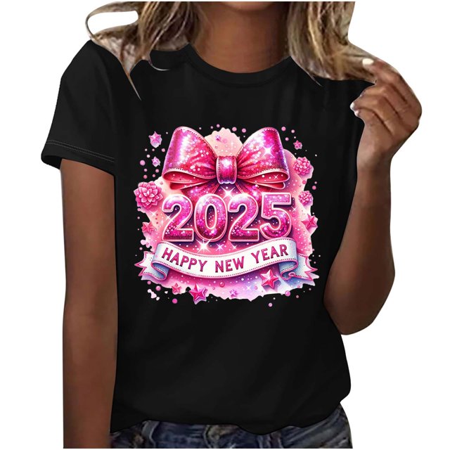 Hyknon Hauts pour Femmes Été Nouvel An Bonne Année Décontracté Imprimé Col Rond Manches Courtes Haut Doux Pull Polyvalent pour Sortir