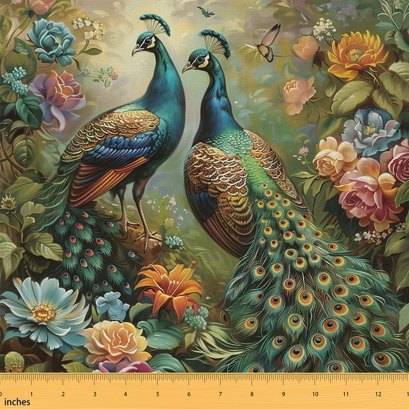 Peacocks Fabric By The Yard,Flowers Butterflies Upholstery Fabric,Garden Animals 3D Indoor Outdoor Fabric,DIY Wildlife Birds Botanical Decorative Fabric,Green Blue Pink,1 Yard