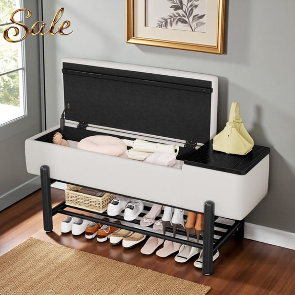 GZXS 47.24" Entryway Shoe Bench with Flip Top and Hidden Storage, Modern Upholstered Bench with Open Shelf and Black Rubber Wood Legs, for Living Room, Bedroom, Hallway