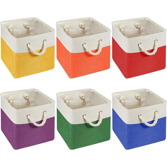 6 Pcs 13 x 13 Inch Cube Storage Bins Fabric Storage Organizer Bins Foldable Cube Baskets with Sturdy Carry Handles Wicker Baskets for Home (Primary Colors)
