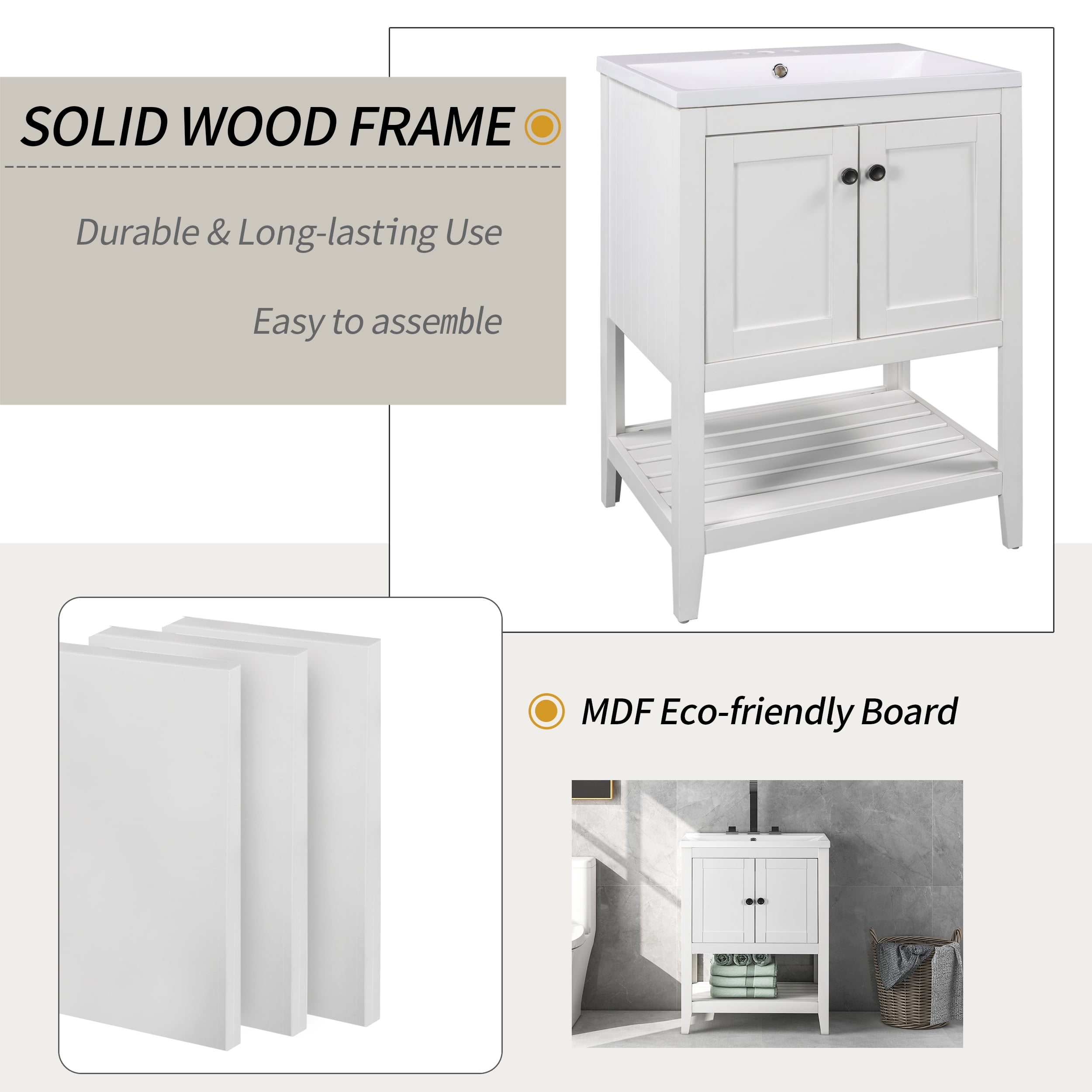 Harper & Bright Designs 24" Small Bathroom Vanity Sink Combo with Storage , Wood Bathroom Floor Cabinet with Open Shelf, White