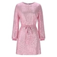 thumbnail image 2 of FRSASU Cocktail Dresses for Women, Vintage Wedding Guest Long Sleeves Sequin Round Neck formal Holiday Dress Pink, 2 of 9