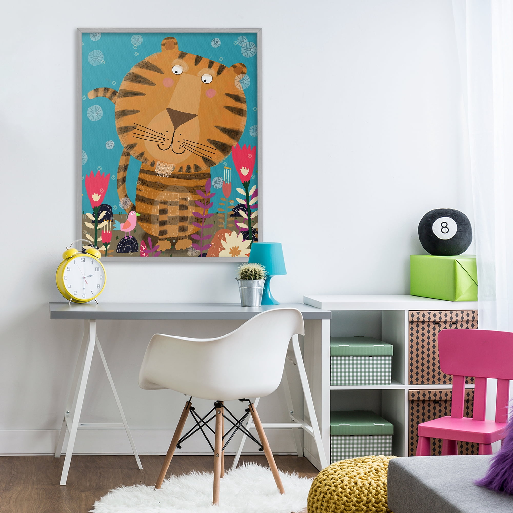 Stupell Industries Boho Tiger & Flowers Gray Framed Giclee Art, design by Carla Daly