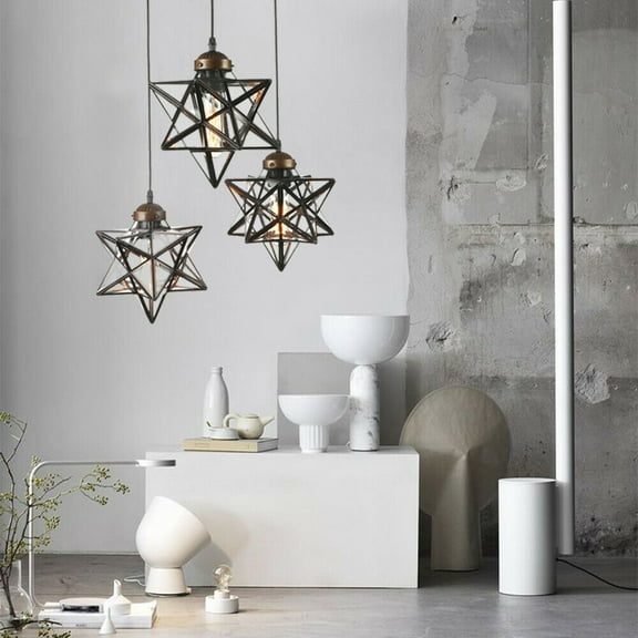 MONIPA Antique Moravian Star Ceiling Light Pendant Metal Glass Shade Lamp