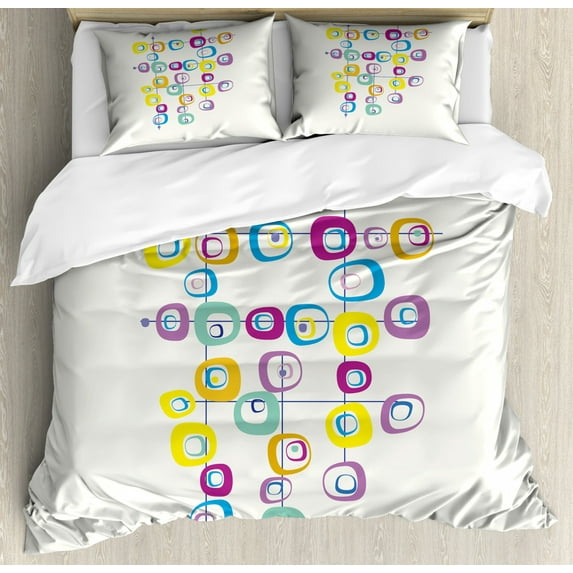 Mid Century Duvet Cover Set King Size, Hippie Artistic Squares on Intersecting Lines Colored Cool and Crazy Themed Art, Decorative 3 Piece Bedding Set with 2 Pillow Shams, Multicolor, by Ambesonne