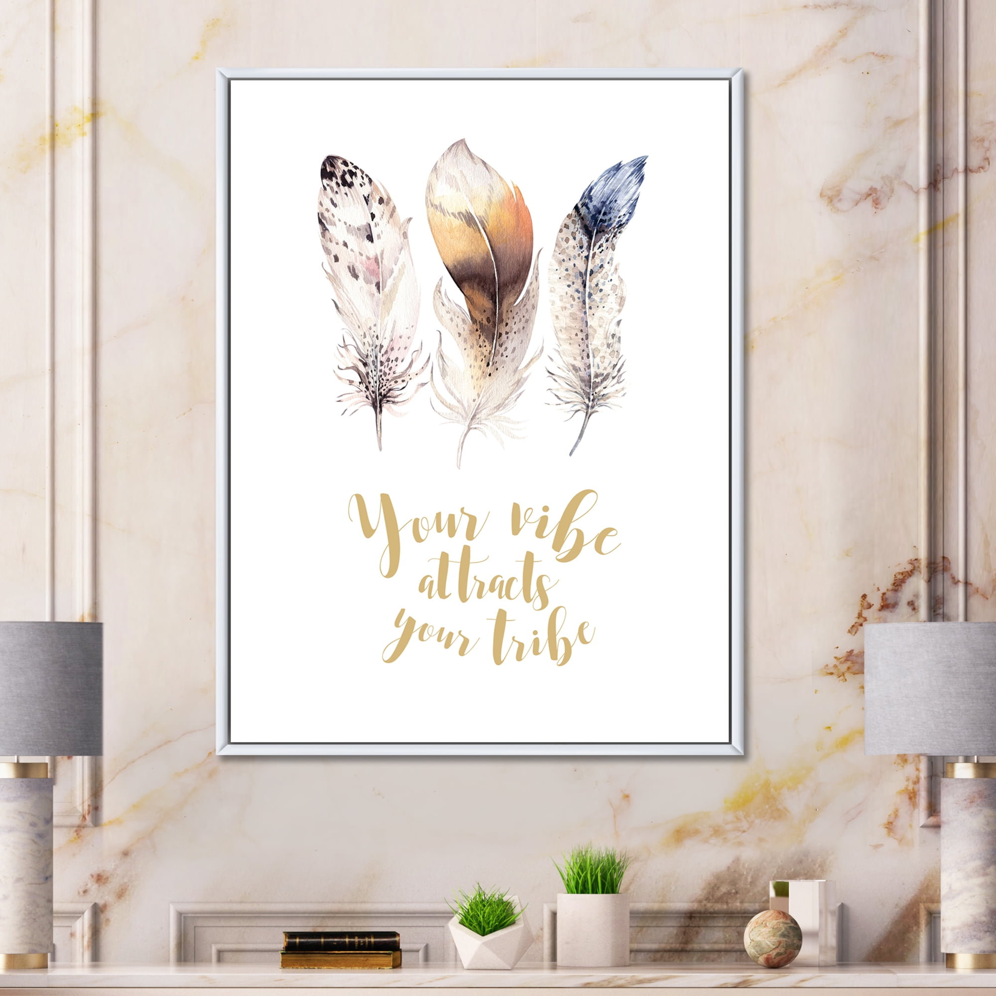 Designart 'Multicolored Ethnic Art Feathers With Inspiring Quote' Bohemian & Eclectic Framed Canvas Wall Art Print